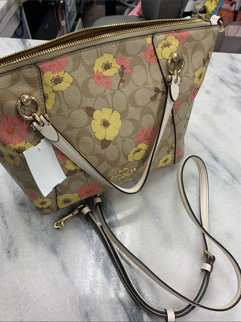 Coach Beige Signature Floral Tote with Yellow & Pink Blooms - Picture 5 of 7